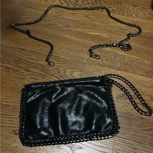 Black evening bag. Beautiful speckled material with gunmetal grommets and chains